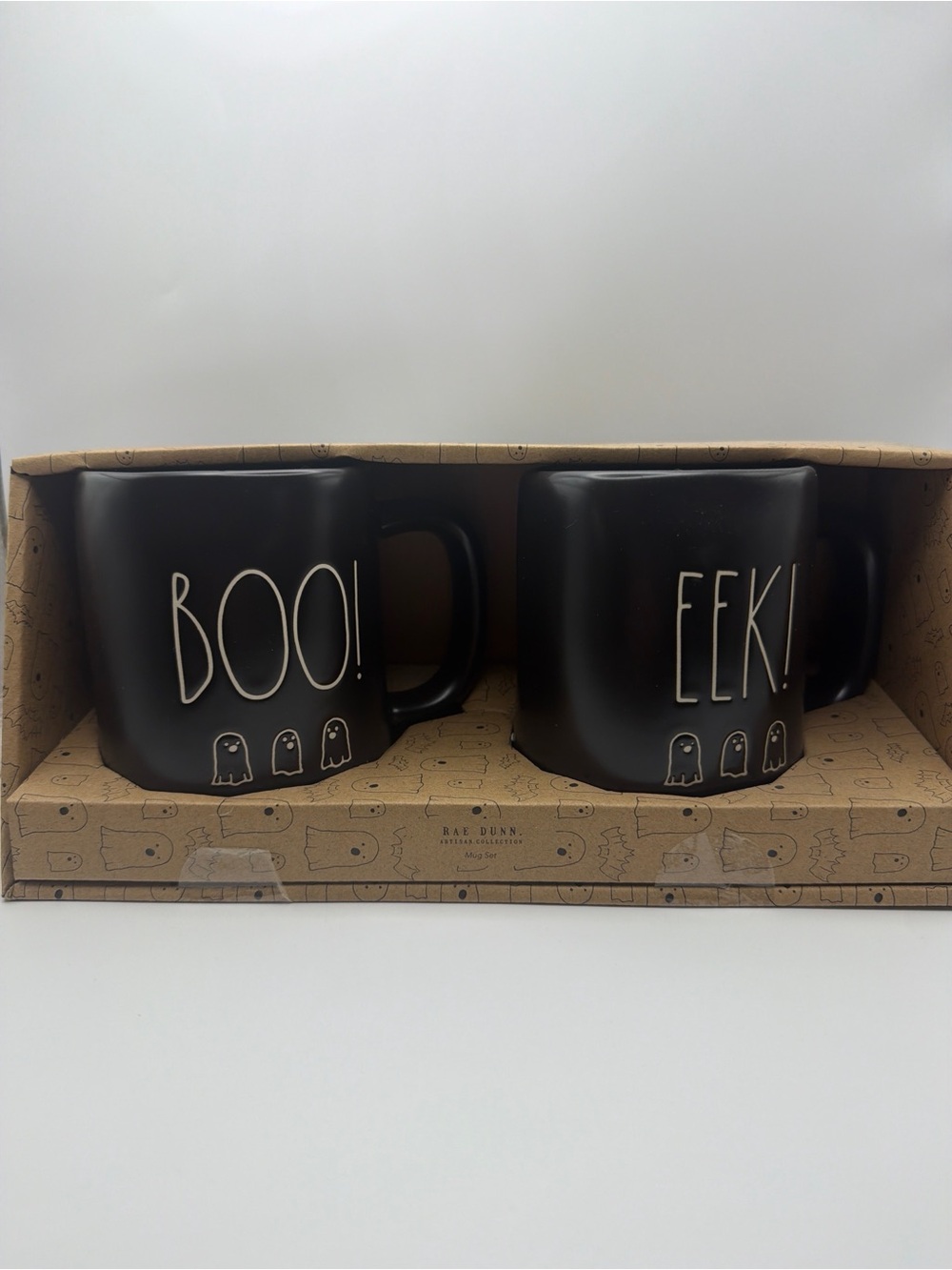 NWT Rae Dunn Halloween "BOO!" & "EEK!" Matte Black Ghost Mug Set 19.5 oz